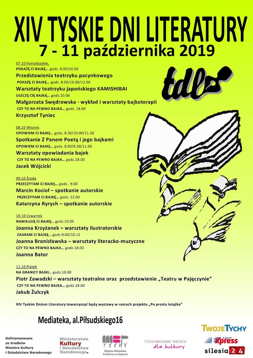 Plakat promujący dwudzieste czwarte Tyskie Dni Literatury, które odbędą się od 7 do 11 października 2019 roku.