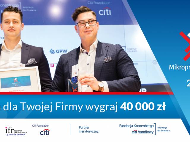 Grafika przedstawiająca dwóch mężczyzn podczas konferencji, z napisem: Szansa dla Twojej Firmy wygraj 40 000 zł.