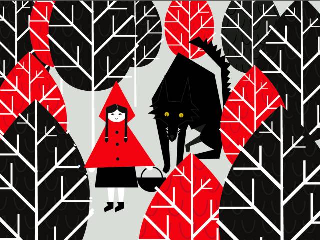 Czerwono-czarna grafika przedstawiająca las, czerwonego kapturka oraz wilka