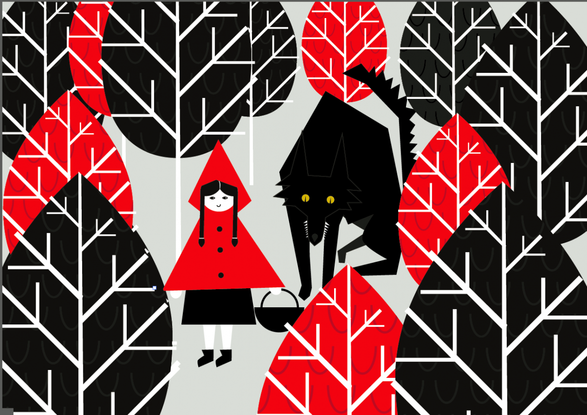 Czerwono-czarna grafika przedstawiająca las, czerwonego kapturka oraz wilka