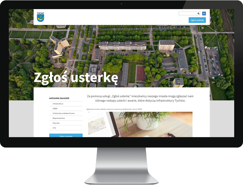Ilustracja/grafika przedstawiająca ekran komputerowy na którym widać główną stronę internetową zglosusterke.umtychy.pl