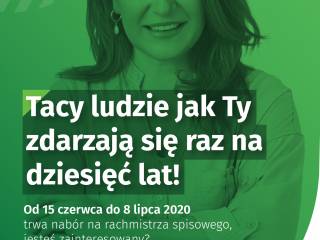 Wzór plakatu promującego nabór na rachmistrzów terenowych - sylwetka kobiety na zielonym tle