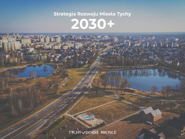 Grafika obrazująca Strategię Rozwoju Miasta 2030+  zdjęcie z drona - w tle Suble 
