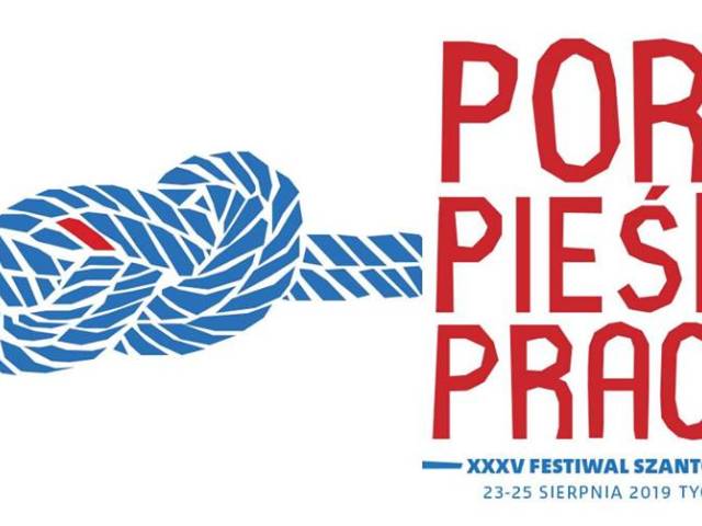 Grafika przedstawiająca logo "Port Pieśni Pracy" i datą XXXV Festiwalu Szantowego w Tychach: 23-25 sierpnia 2019 