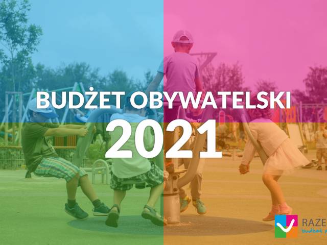 Kolorowa grafika przedstawiająca w tle bawiące się na placu zabaw dzieci i napiem "Budżet Obywatelski 2021".