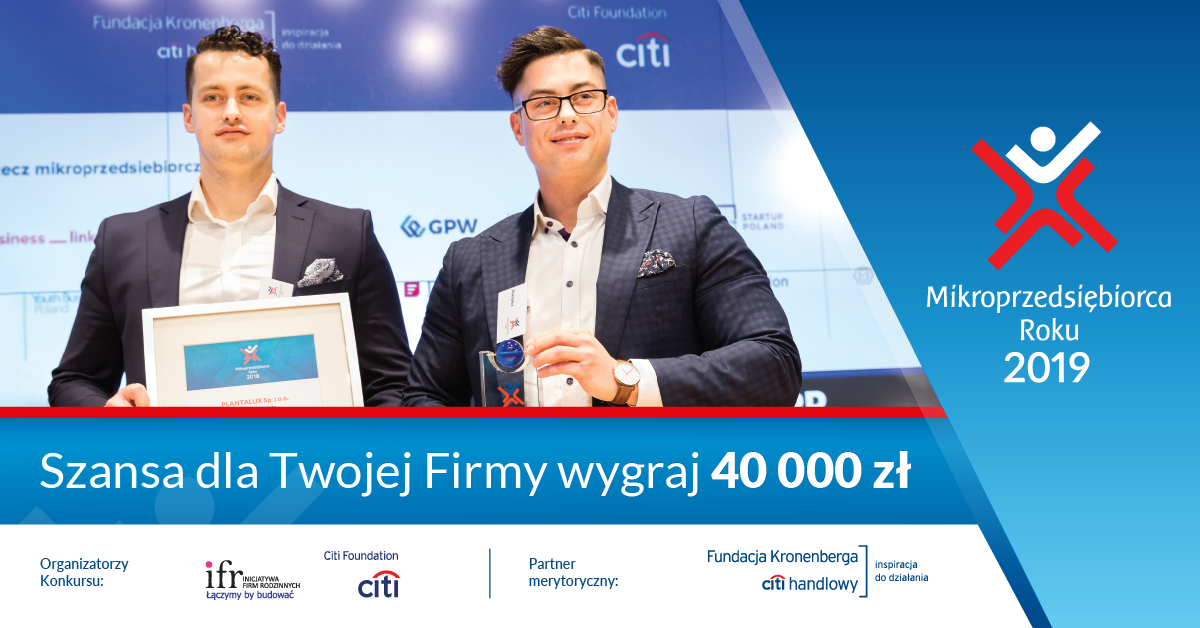 Grafika przedstawiająca dwóch mężczyzn podczas konferencji, z napisem: Szansa dla Twojej Firmy wygraj 40 000 zł.