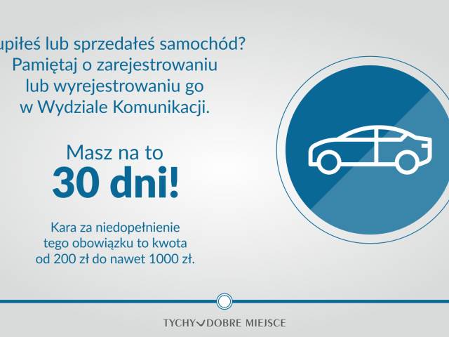 Grafika informująca o obowiązku rejestracji lub wyrejestrowania samochodu w ciągu 30 dni, na grafice ikona samochodu.