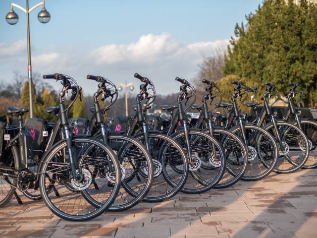 Zdjęcie kilkunastu rowerów elektrycznych z logo ZTM - Zarządu Transportu Metropolitarnego