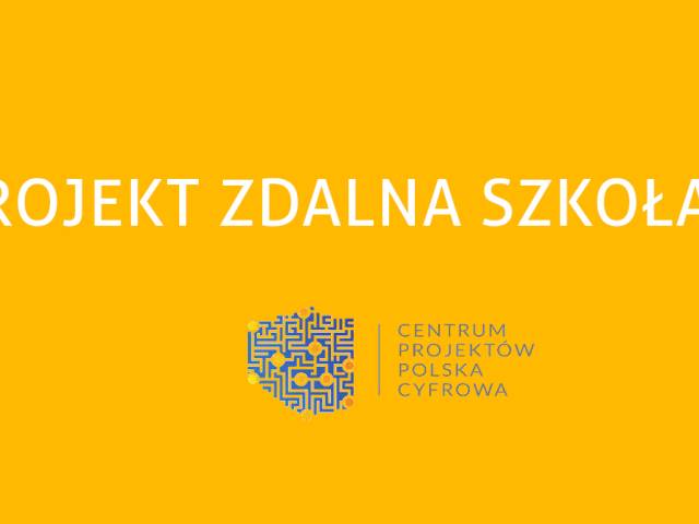 Grafika projektu "zdalna szkoła" - na żółtym tle napis i logo Centrum Projektów Polska Cyfrowa