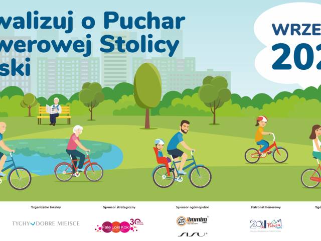grafika promująca rywalizację o tytuł Rowerowej Stolicy Polski. Na rysunkowym tle parku postacie na rowerach.