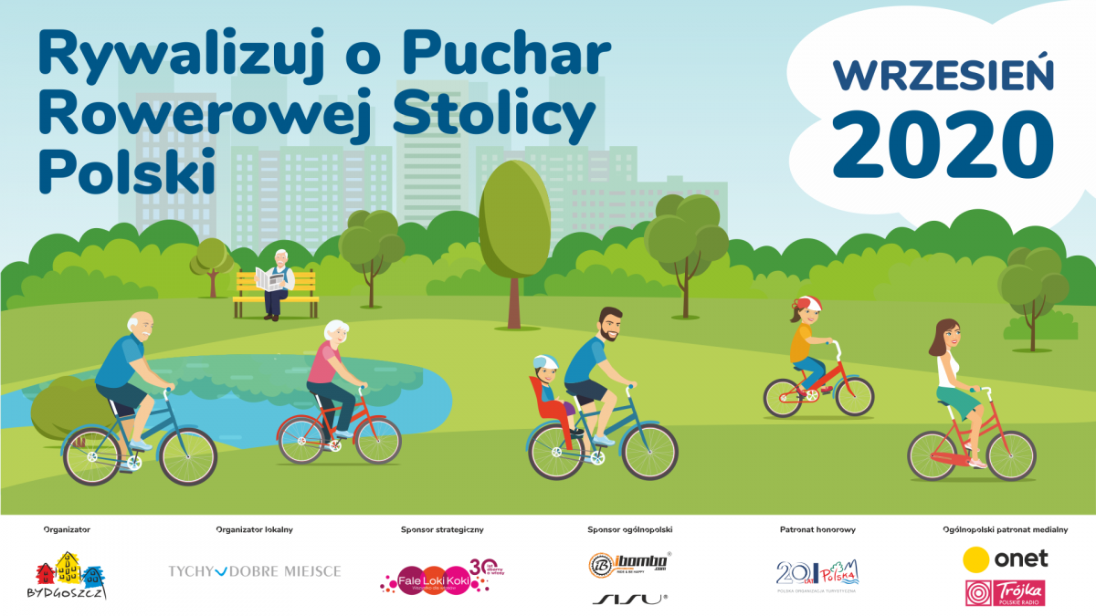 grafika promująca rywalizację o tytuł Rowerowej Stolicy Polski. Na rysunkowym tle parku postacie na rowerach.