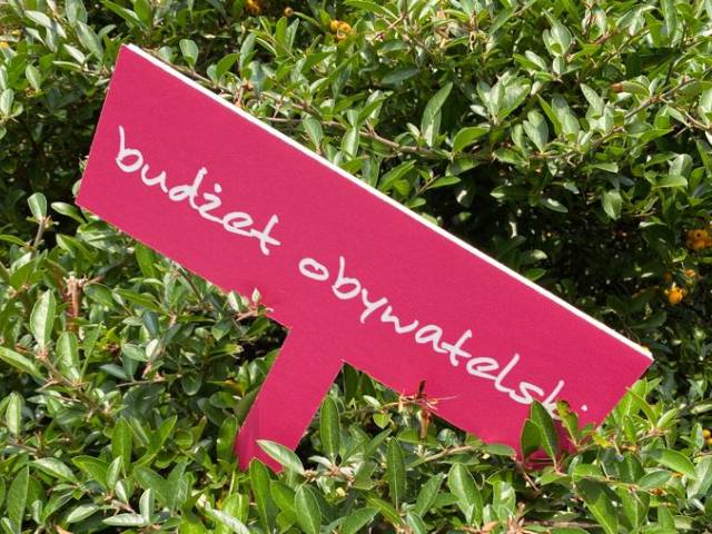 Różowa tabliczka z białym napisem "budżet obywatelski" w zielonych krzakach.