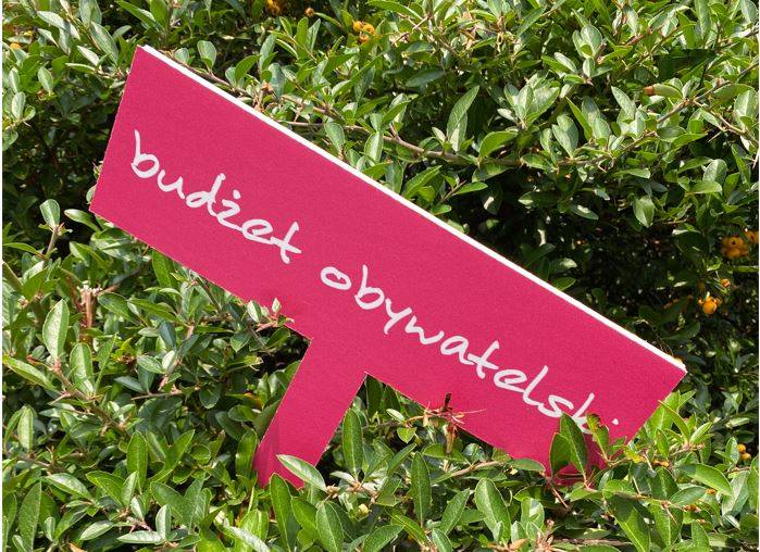 Różowa tabliczka z białym napisem "budżet obywatelski" w zielonych krzakach.