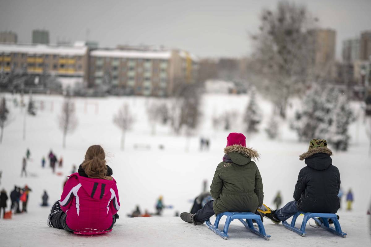 Dzieci na szczycie górki na os. K na sankach, w tle krajobraz zimowy Parku Jaworek Autor: Michał Janusiński