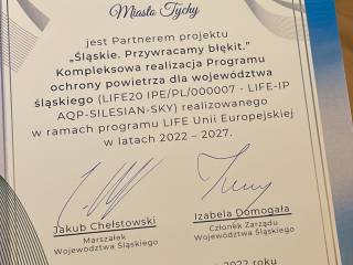 Certyfikat potwierdzający partnerstwo Miasta Tychy w projekcie "Śląskie. Przywracamy błękit".