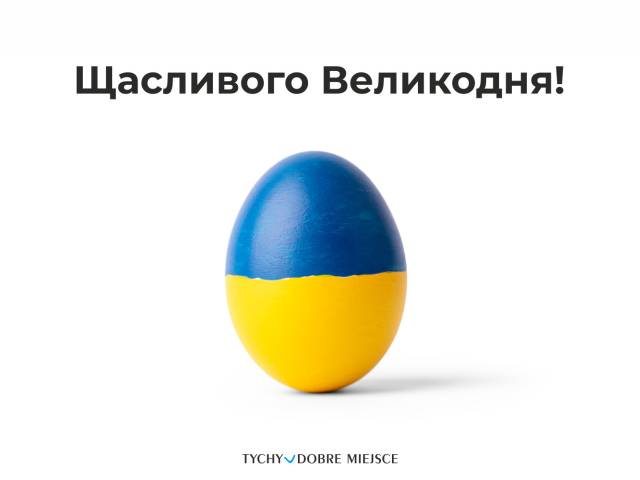 Wielkanocna kartka świąteczna w języku ukraińskim - jajko w barwach ukraińskich
