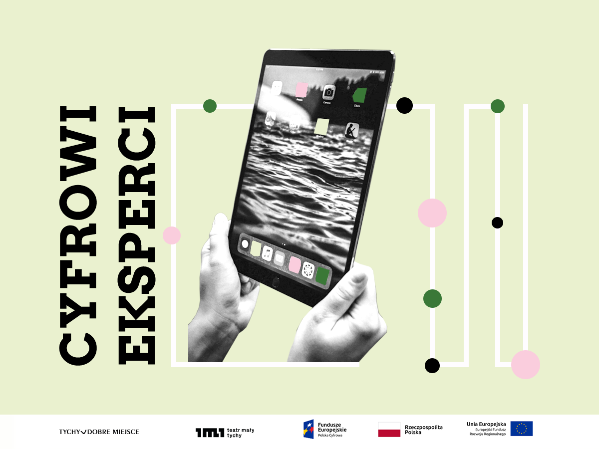 Plakat projektu cyfrowi eksperci - na grafice tablet i tytuł projektu
