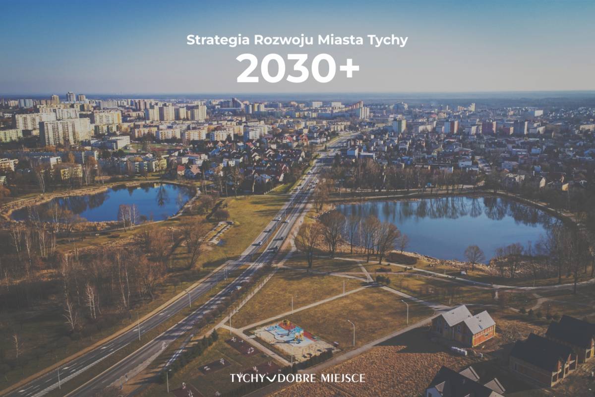 Grafika obrazująca Strategię Rozwoju Miasta 2030+  zdjęcie z drona - w tle Suble