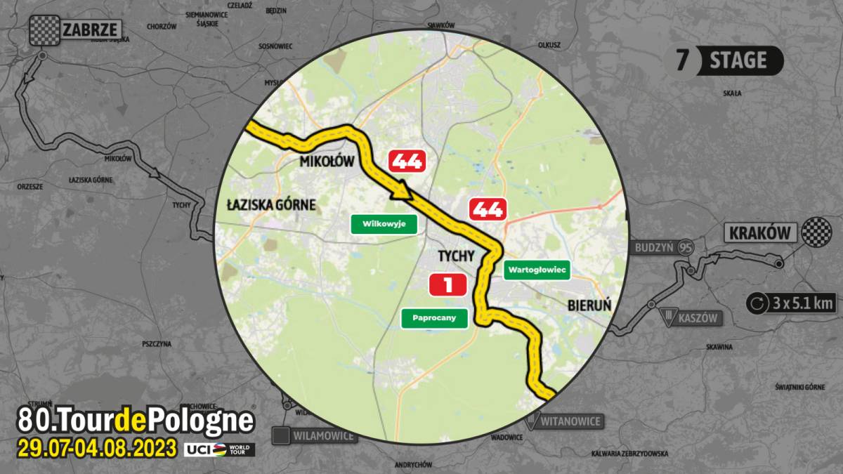 Mapa - grafika obrazująca przebieg tyskiego odcinka Tour de Pologne
