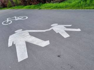 Droga rowerowa i ścieżka dla pieszych, obok trawnik.