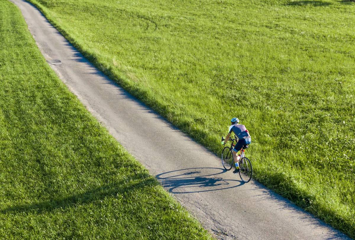 Mężczyzna jedzie na rowerze po ścieżce otoczonej zielonymi łąkami.