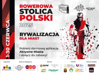 Plakat " Rowerowa Stolica Polski 2025", po lewej stronie pionowy czerwony pasek z datą, w centrum widać tytuł wydarzenia, po prawej grafika rowerzysty, a na dole logo sponsorów.