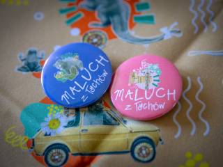 Dwa pinsy: różowy z symbolem żyrafy i niebieski z symbolem niedźwiadka z napisami "Maluch z Tychów", leżą na pomarańczowej chuście z symbolami miasta. W tle kremowa ściana.