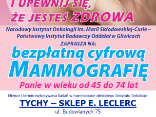 Różowo-biały plakat przedstawia twarz kobiety, która trzyma kremowy kwiat. Na plakacie znajdują się informacje dotyczące mammografii.