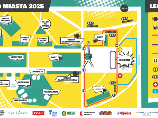 Żółta grafika z napisem "Mapa Święto Miasta 2025", widać zaznaczone lokalizacje atrakcji.