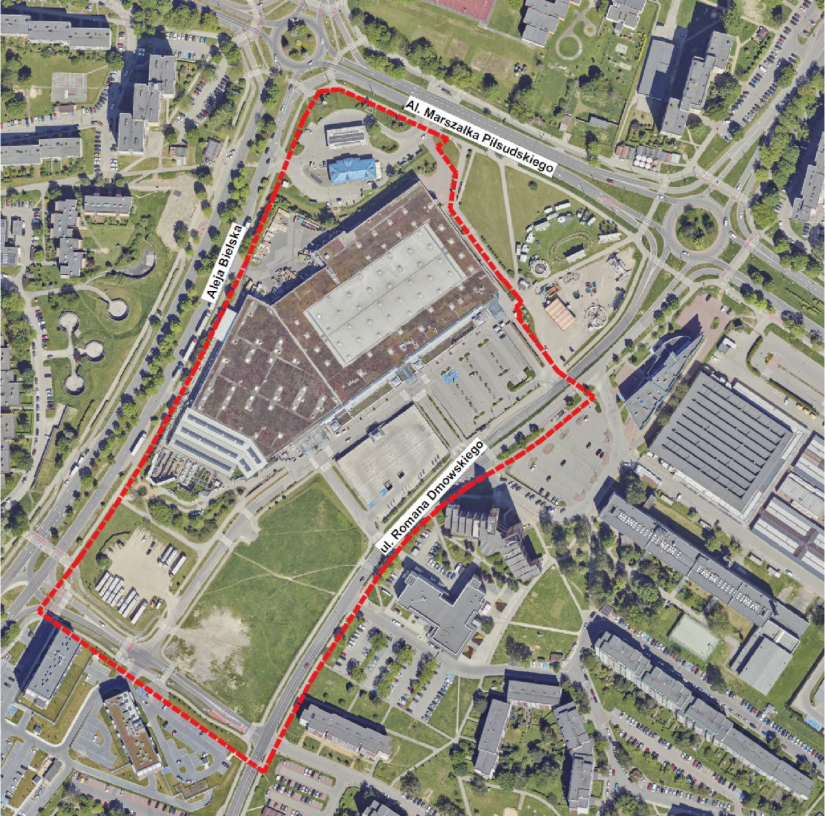 Mapa satelitarna miasta z zaznaczoną na czerwono trasą.