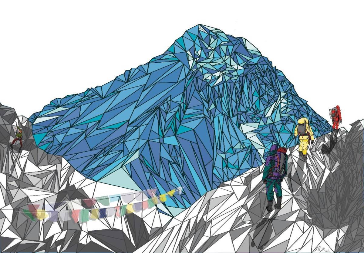 Wizualizacja grafiki (muralu), widać niebieskie i szare góry oraz trzy osoby wspinające się na szczyt.