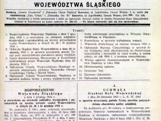 Strona tytułowa Gazety Urzędowej Województwa Śląskiego, z dnia 7 grudnia 1933 roku z tekstem uchwały o nadaniu Tychom praw gminy wiejskiej. Zbiory Biblioteki Śląskiej