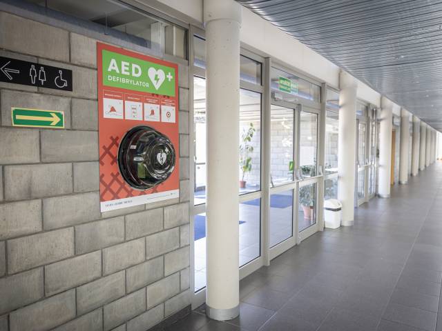 AED, Hala Sportowa, ul. Piłsudskiego 20, wewnętrzny, przy wejściu głównym 